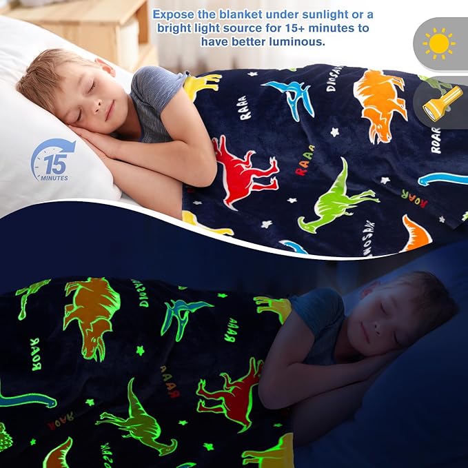 Dinosaur Toys Gifts for Boys Girls - Glow in The Dark Dino Blanket Best Christmas Birthday Valentines Easter Decor Presents for Kids Adults Women Mom Dad Child Teen Son Nephew Soft Plush Throw 60"x80"