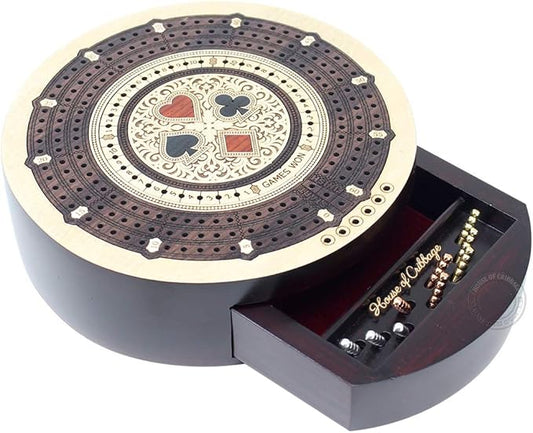 House of Cribbage - Round Shape 3 Track Non-Continuous Cribbage Board - Push Drawer Storage for Pegs and 1 Deck of Cards with Score Marking Fields for Won Games (Maple Wood/Rosewood)