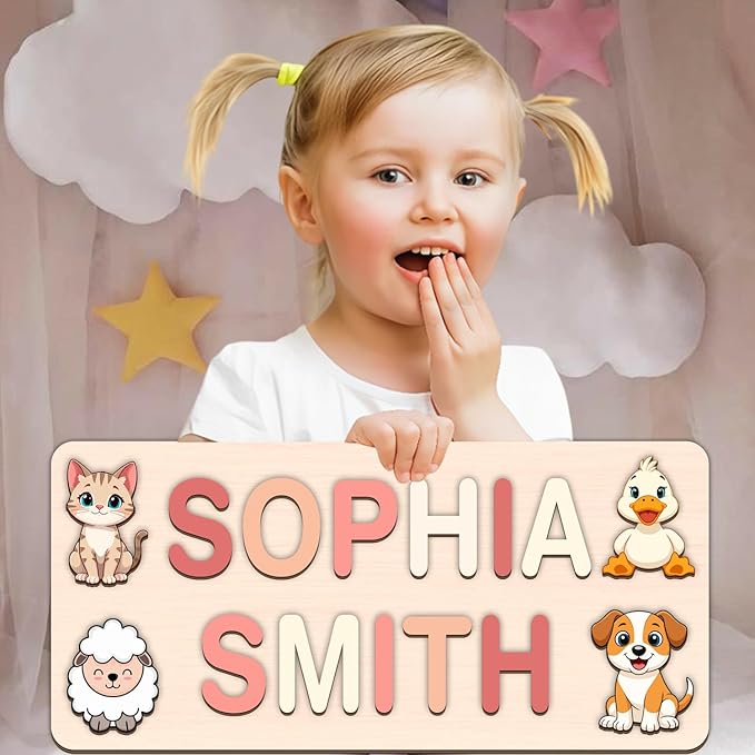 LOVELYPOD Personalized Name Puzzle for Kids, Custom Name Puzzles for Toddlers 1-3 Animal Puzzle, Customized 1st Birthday for Girls & Boys Wooden Toys for Kids, for New Baby - Style 12