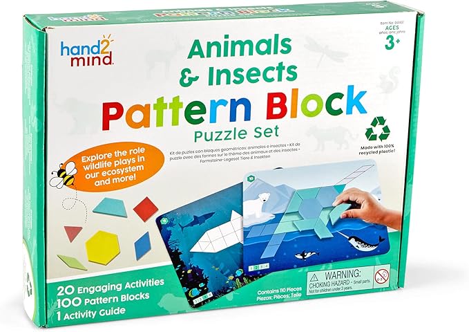 hand2mind Animals and Insects Pattern Block Puzzle Set, Tangram Puzzle, Geometric Shapes for Kids, Pattern Blocks Cards, Pattern Play, Toddler Battern Blocks, Kindergarten Learning Activities