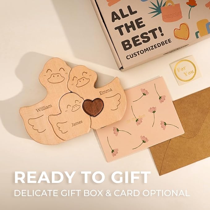 Personalized Wooden Family Puzzle Ducks Toy, Customizable Puzzles with 2-5 Names, Birthday Fathers Day Mothers Day Personalized Gifts for Kids Parents, Unique Home Decor