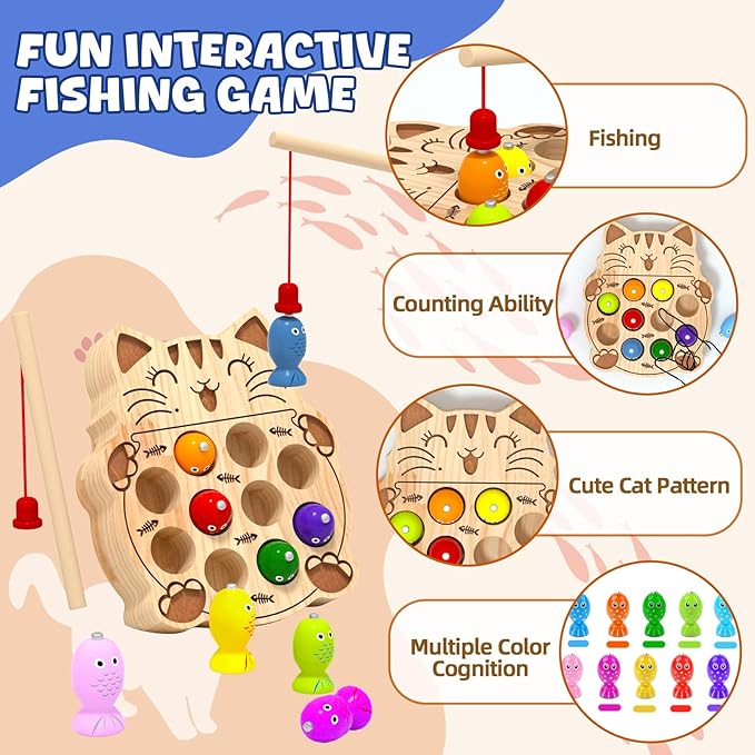 Wooden Magnetic Fishing Game for Toddlers 2-4, Montessori Sensory Busy Board Educational Learning Fine Motor Skills Toys for 2 3 4 Years Old Boys Girls