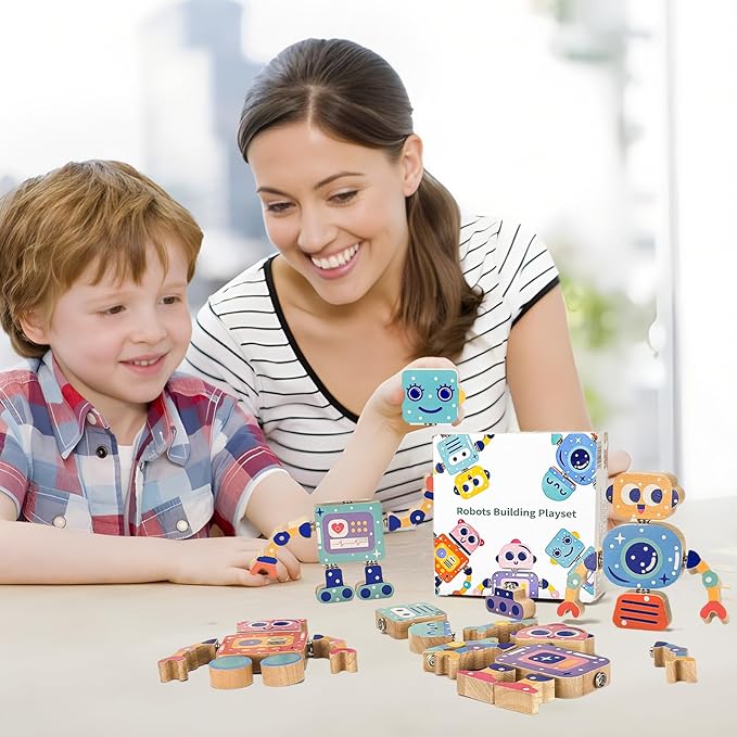 Wooden Robot Building Toys for Kids, Snap-Together STEM Blocks Playset, Take Apart Educational Toy for Toddlers Ages 3-8, Montessori Fine Motor Skills Toy Gift for Boys Girls