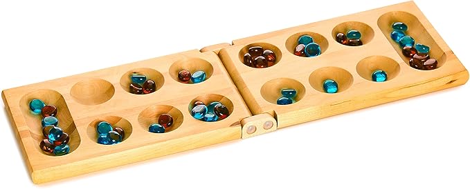 Family Traditions Mancala 2 Player Board Game, Fun Classic Table Game with Wooden Board and Deep Pockets for Mancala Gems, Popular Strategy Game for Adults & Kids, Ideal for Family Game Night, Travel