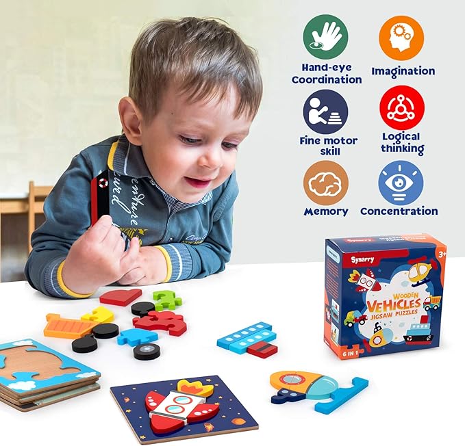 SYNARRY Wooden Vehicle Puzzles for 3 4 5 Years Old Boys Girls, Puzzles for Toddlers 3-5, Montessori Educational Toys Gifts with 6 Vehicles Transportation, Vibrant Color Shapes