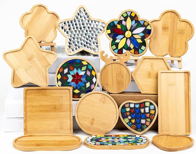 Lanyani 10pcs Wooden Assorted Shapes Mosaic Bases for DIY Mosaic Coaster Kit, with Wooden Surface for Handcrafted Glass Mosaic Tiles Crafts for Adults and Kids