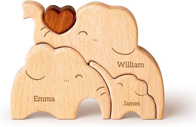Wooden Elephant Family Puzzle, Personalized Puzzles with 2–5 Names, Father's Day Mother‘s Day Personalized Gifts for Mom Dad Kids Teen Boys Girls Grandma, Toddler Men Birthday