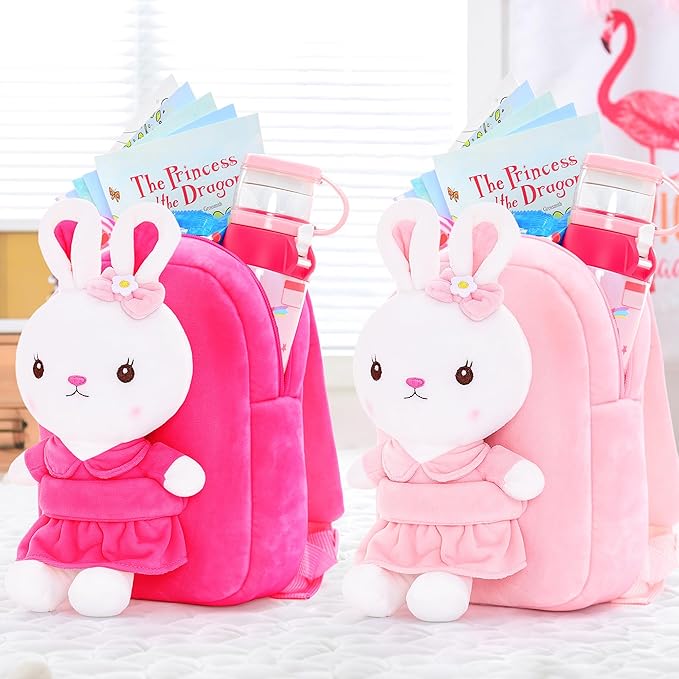 Gloveleya Kids Backpack Girl Backpack Toddler Girl Backpacks with Stuffed Bunny Toy Rose Red 9''