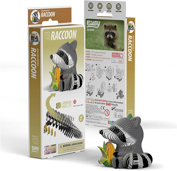 Eugy Raccoon 3D Puzzle - 46 Piece Eco-Friendly Educational Toy Puzzle for Boys, Girls & Kids Ages 6+