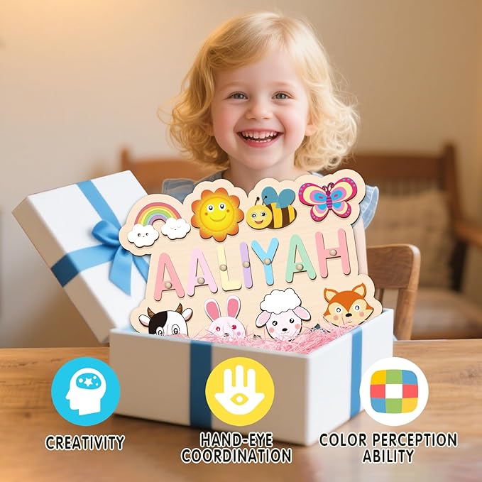 Name Puzzle for Kids Personalized, Custom Wooden Name Animal Puzzle, Montessori Learning Toys for Toddler 1-3, First Birthday Gifts for Girls&Boys