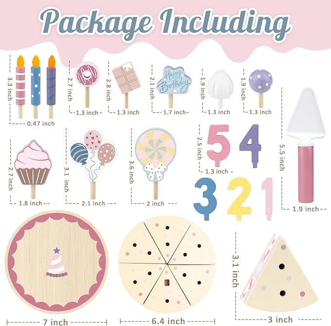 Wooden Birthday Party Cake Play Food Sets for Toddler 2 3 4 5 Year Old Girls Boys Kids Kitchen Accessories Pretend Play Toy Gift Educational Toys