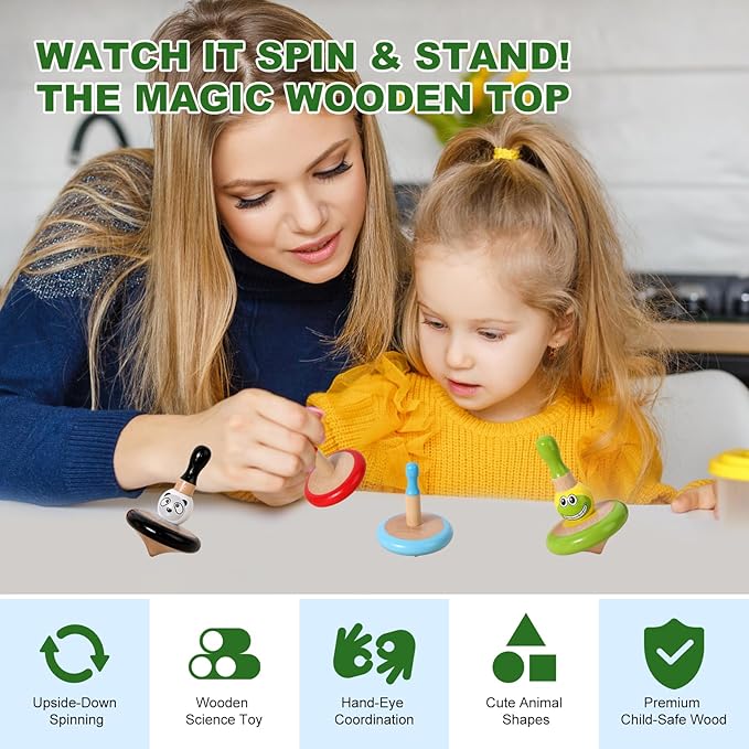 WODI 4PCS Wooden Spinning Tops - Adorable Animal Gyroscope Toys for Toddlers, Safe & Fun Montessori Educational Gift, Fidget Spinner for Kids/Toddlers (#1)