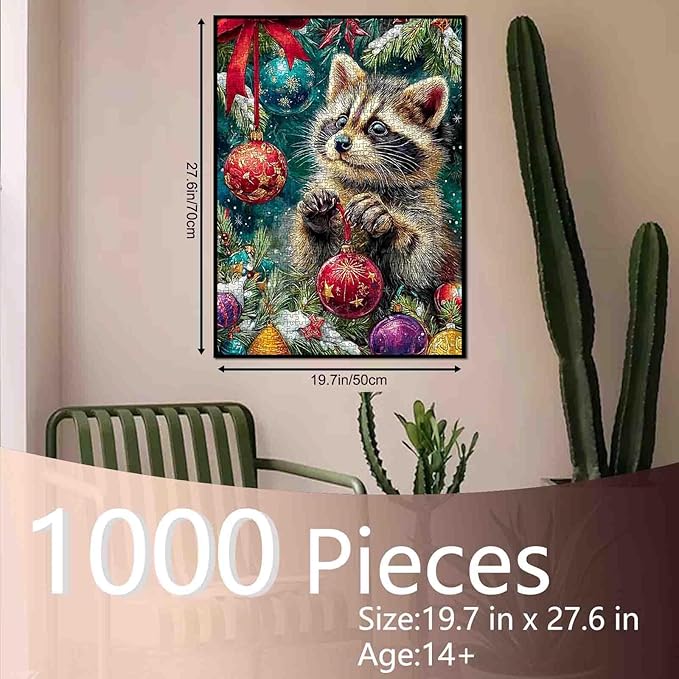 Christmas Eve 1000 Piece Jigsaw Puzzles for Adults Raccoon Playing with Xmas Balls Painting Jigsaw Puzzle 1000 Animal/Wildlife Puzzles 20''x27”inch DIY Craft Puzzle Art Wall Decor Family Challenging