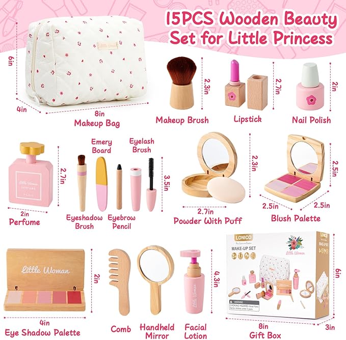 Lonico Wooden Makeup Toy Set for Girls Pretend Play Makeup Kit for Toddlers 3-5 with Eyeshadow/ Mascara/ Perfume/ Blush/ Mirror/ Bag, Birthday Gifts for Girls Toys Kids Aged 3 4 5 6 7 8