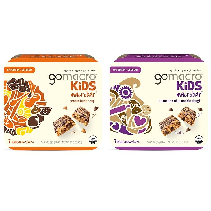 GoMacro Kids MacroBar Organic Vegan Snack Bars – Peanut Butter Cup & Chocolate Chip Cookie Dough (0.90 Ounce Bars, 7 Count) (Pack of 2)
