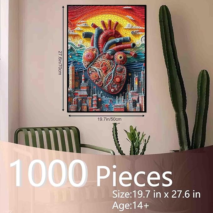 Steampunk Style Heart 1000 Piece Jigsaw Puzzles for Adult Mechanical Human Organ Painting Jigsaw Puzzle Abstract Cityscape 1000 Pieces Puzzles Game Wall Decor DIY Craft Puzzle Art Biology Gift(Red)