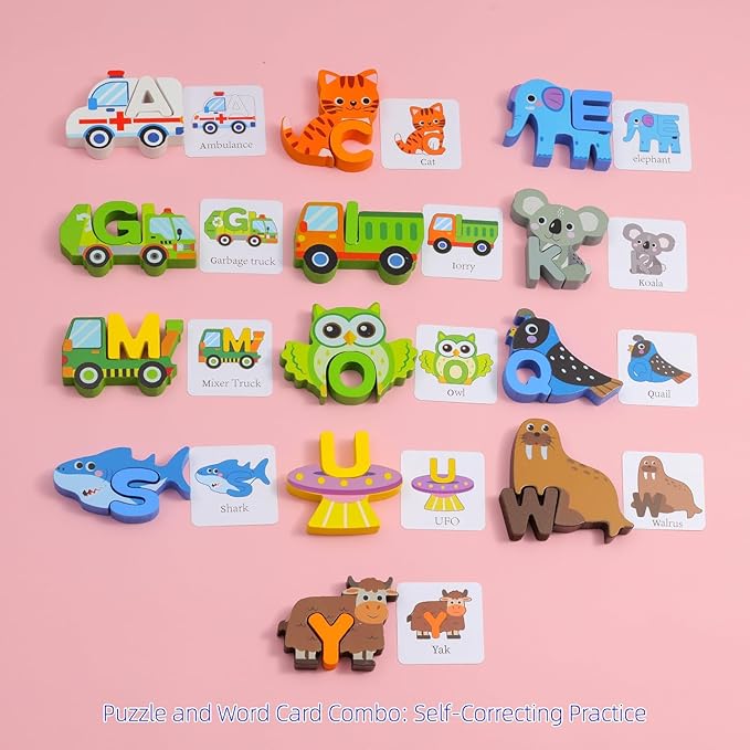 Animal Alphabet Wooden Puzzle - Montessori ABC Learning Toy for Toddlers Ages 3-5, Educational Stacking Blocks with Uppercase Letters - Preschool Learning Activities Toys