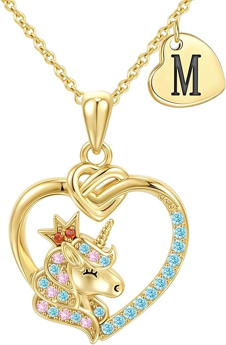 Unicorn Initial Necklaces for Girls Kids Women - 18K Really Gold Filled Unicorn Initial Letter Necklace Teen Girls Gifts Trendy Stuff Heart Letter Necklace for Women Girl Kids Gifts
