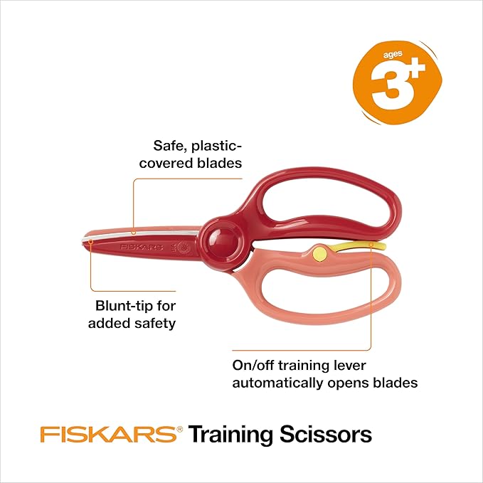 Fiskars Training Scissors for Preschoolers Ages 3+, Small Kids Safety Scissors with Training Lever, Easy to Use, Preschooler Art Supplies, Back To School, Red