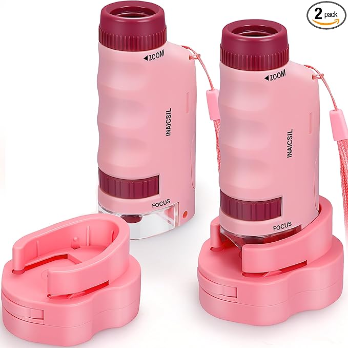 Portable Microscope for Kids Zoom 60x-180x,Handheld Mini Microscope STEM & Science Toys,LED Pocket Little Scientist Microscopes with 12pcs Slides,Gifts for 6,7,8,9,10+ Girls Boys（2PCS Pink）