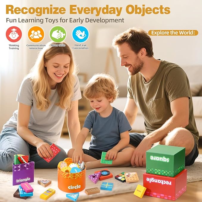 Atoylink Montessori Toys Shape Sorter for Toddlers, Wooden Stacking Blocks Nesting Boxes Baby Everyday Objects Shape Sorting Toys Matching Games, Preschool Learning Toys for 1 2 3 Year Old Boys Girls