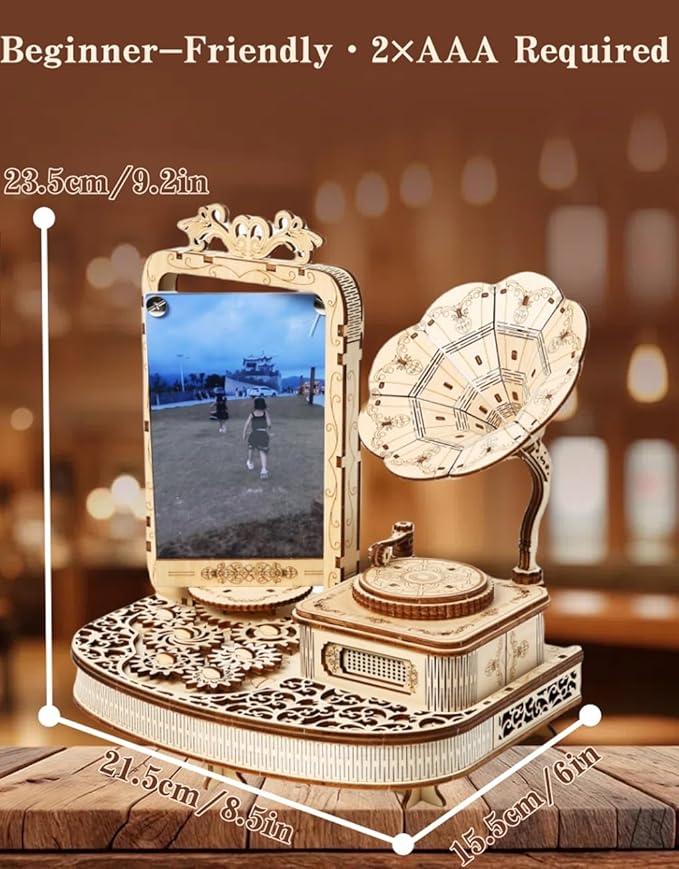 3D Wooden Puzzle Gramophone for Adults – DIY Mechanical Music Box Kit with LED Lights & Rotating Photo Frame, Creative Building Model Sets Gift for Teens, Men & Women