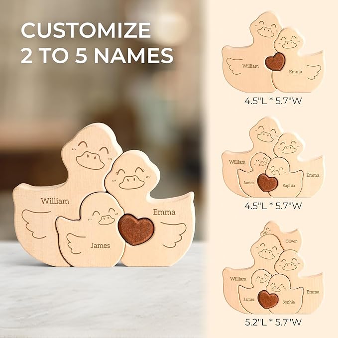 Personalized Wooden Family Puzzle Ducks Toy, Customizable Puzzles with 2-5 Names, Birthday Fathers Day Mothers Day Personalized Gifts for Kids Parents, Unique Home Decor