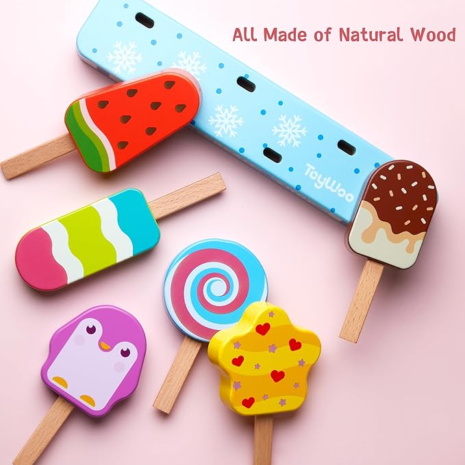 Wooden Ice Cream Toy for Kids, Toddlers Ice Lolly Pops Pretend Play Food Toys Ice Cream Shop Playset Gifts for Kids Age 3 4 5 6 Years Old