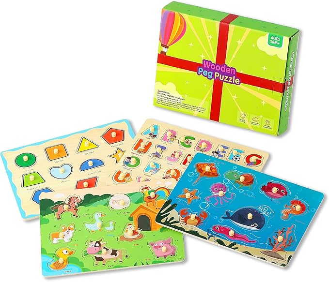 GRINNIE Wooden Toddler Puzzle for 3 4 5 Years Old, Preschool 4 PCS Learning Toy Ages 2-4 Kid Puzzles (ABC, Shape, Farm and sea Animals), Educational Toy Gift for Girls Boys Birthday Christmas