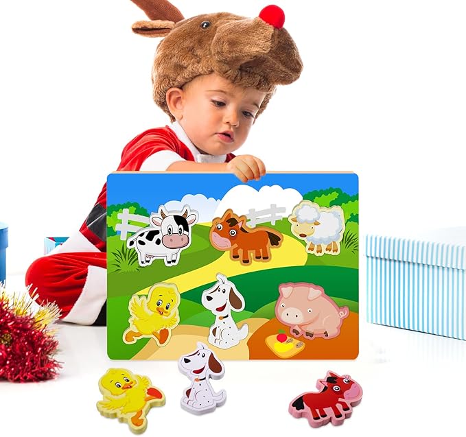 Wooden Peg Puzzle for Toddlers 1-3 Year Old,Funsland Puzzles Gifts Colorful Toys Cartoon Gifts,Farm Animals Puzzles