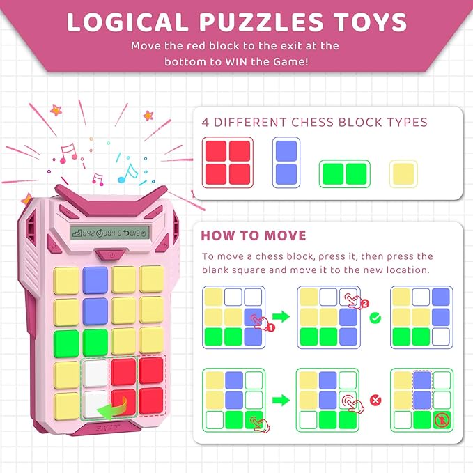 Logical Super Slide Puzzle, Hand Held Travel Games for Kids and Adults, Brain Teaser Toys Road Trip Activities for Boys and Girls, Birthday Easter Basket Stuffers (Pink)