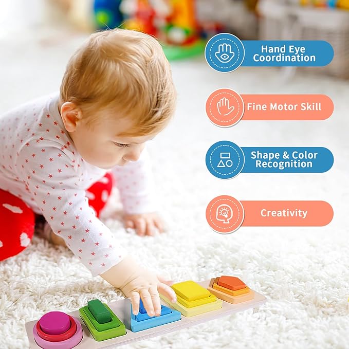 Montessori Toys for 1+ Year Old, Wooden Baby Stacking Shape Color Sorting Toys for Toddlers 1-3, Preschool Learning Activities Toddler Games, 1 2 3 Year Old Girls Boys Birthday Gifts