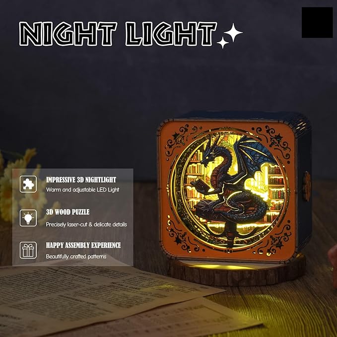 3D Puzzle Nightlight-DIY LED Light 3D Dragon Library Wooden Jigsaw Puzzle-Art Lamp and Craft Kits for Adults-Birthday Gifts Toys-Home Desk Decor Family Game