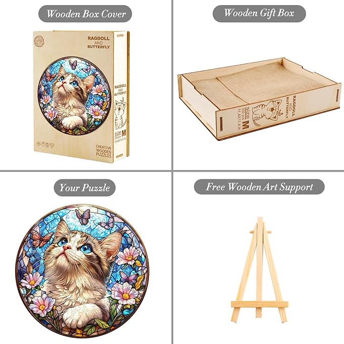 Wooden Puzzle 100PCS Ragdoll and Butterfly Unique Shape Advanced Wood Puzzle for Adults,Holiday Birthday Gift,Craft kit (Ragdoll and Butterfly, Large)