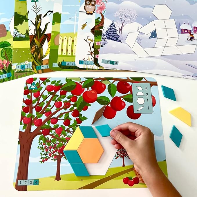 hand2mind Seasons and Weather Pattern Block Puzzle Set, Tangram Puzzle, Geometric Shapes for Kids, Pattern Blocks Cards, Pattern Play, Toddler Battern Blocks, Kindergarten Learning Activities