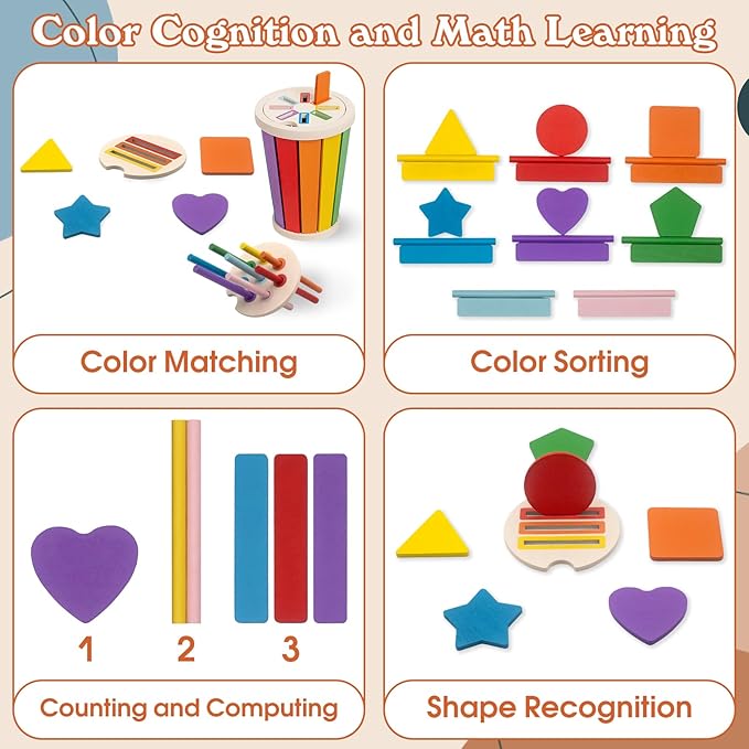 Montessori Toys for 1 2 3 Year Old, Wooden Color Sorting Stacking Toys for Toddlers 1-3 Year Old, Fine Motor Skills Developmental Sensory Toy Preschool Learning Toys 1-3