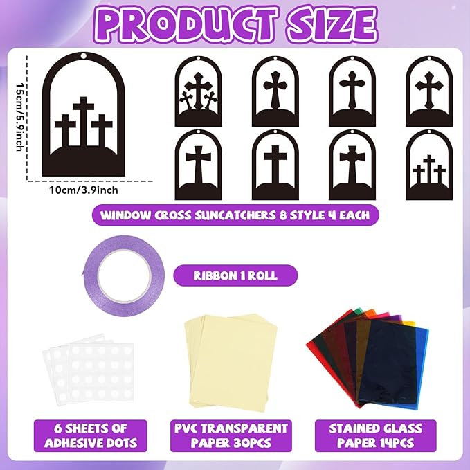 QOUBAI 32 Sets Cross Suncatchers Crafts DIY Window Stained Glass Effect Christian Religious VBS Paper Craft Home Sunday School Classroom Decoration Kid Birthday Gift Creative Art Project Activity Game
