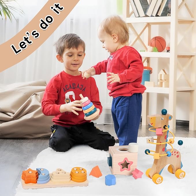Wooden Montessori Toys for 1 Year Old, 4-in-1 Educational Sensory and Baby Learning Toys for Toddlers Aged 1-3, Boy and Girl's Best Gifts for Birthday (Log)