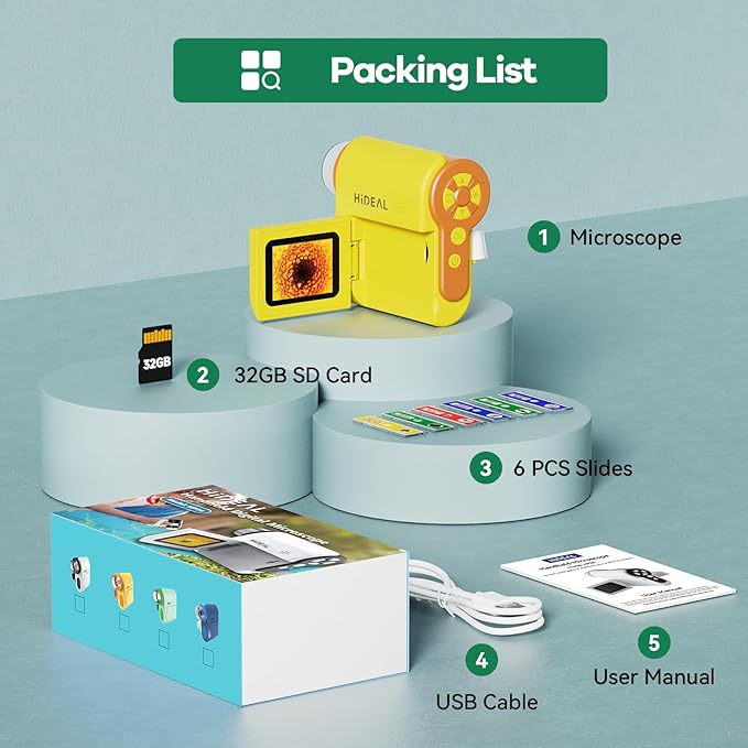 HP20 IPS Microscope for Kids: [3-in-1] [Easy and Fun] 2" Portable Handheld Microscope Miniscope, Pocket Mini Scope Educational Science Kit, Christmas Birthday Gifts for Kids, 32GB, Yellow