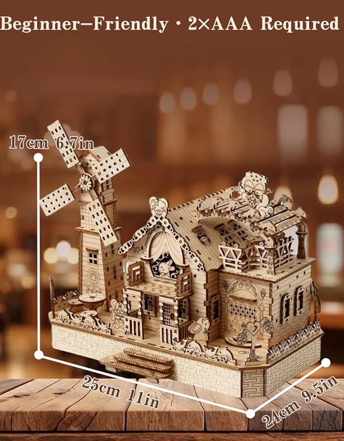 3D Wooden Puzzle Cottage with Rotating Windmill – DIY Mechanical Model Kit with Animal Miniatures, Creative Gift & Home Decor for Adults & Teens