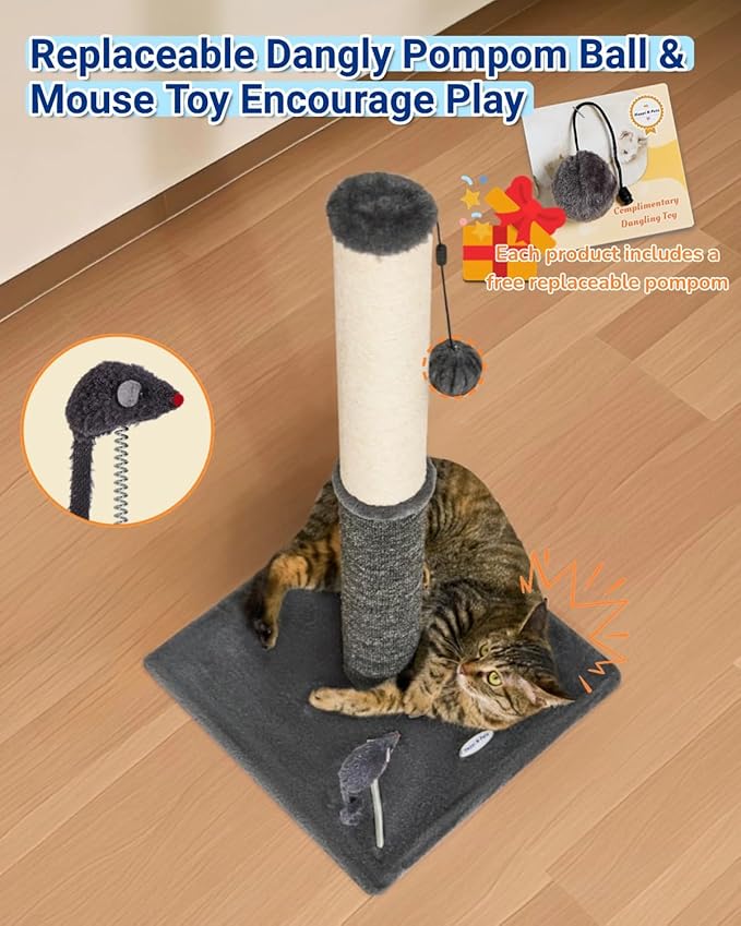 Happi N Pets 29.5" Tall Cat Scratching Post, Cat Scratcher for Indoor Cats, Sisal Scratch Post & Carpet Post in One, Stable Cat Scratch Post with Two Toys, Extra Free Toy, Smokey Gray