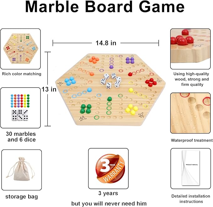 HOROW Wahoo Board Game Wooden Original Board Game 15 inch Classic 2 Side Painted Fast Track Game for 4 Player and 6 Player with 30 Marbles,6 Dices for Family Game Night