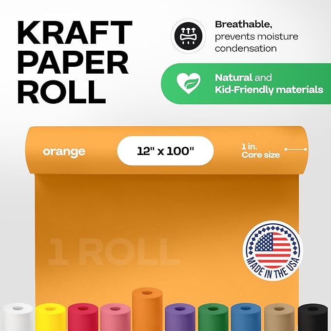 12" x 1200" (100 feet) Orange Kraft Paper Roll - USA-Made Quality Craft Paper for Gift Wrapping, Kids' Arts & Crafts, School Projects - 100% Recycled Natural Material 50lb Thickness by IDL Packaging