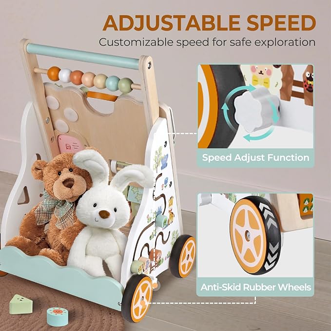 Baby Push Walker, Wooden Baby Walker with Wheels, Montessori Activity Center for 1 Year Old Boys Girls, Adjustable Speed & Height Push Toy for Toddlers, Educational Gift for Ages 1+ Kids Development