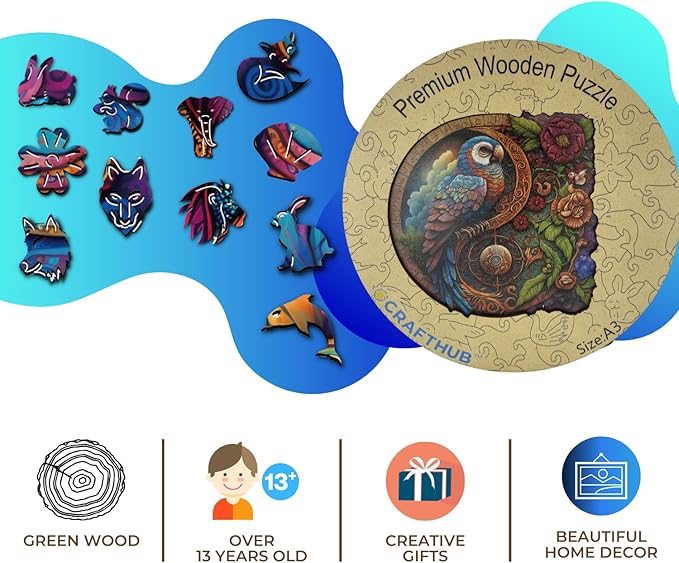 CRAFTHUB Animal Wooden Puzzles for Adults – A4 Parrot Yin Yang with 115 Pieces – Jigsaw Puzzles with Unique Animal Shapes – 7.7" x 7.7"