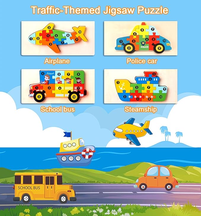 4-Pack Wooden Vehicle Puzzles for Kids Ages 3-5, Ideal Gift for Toddlers