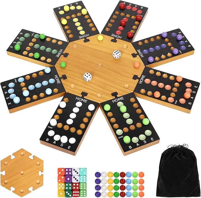 Marble Board Game,Wooden Board Game for 6-8 Players,Portable Design Marble Game with 32 Marbles 16 Dice, Family Game Night Gift for Kids & Adults