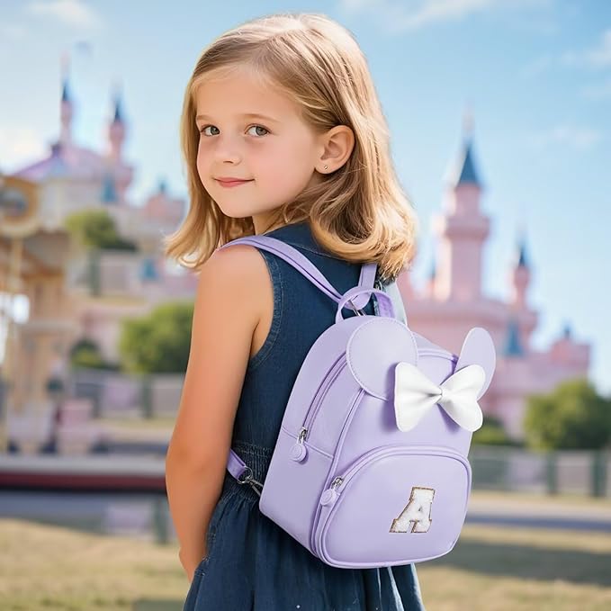 Backpack for Girls Kids Toddler, Bookbag for Teen Girl Kids Birthday Gifts, School Backpack for Girls with Cute Bow, Initial Purple D