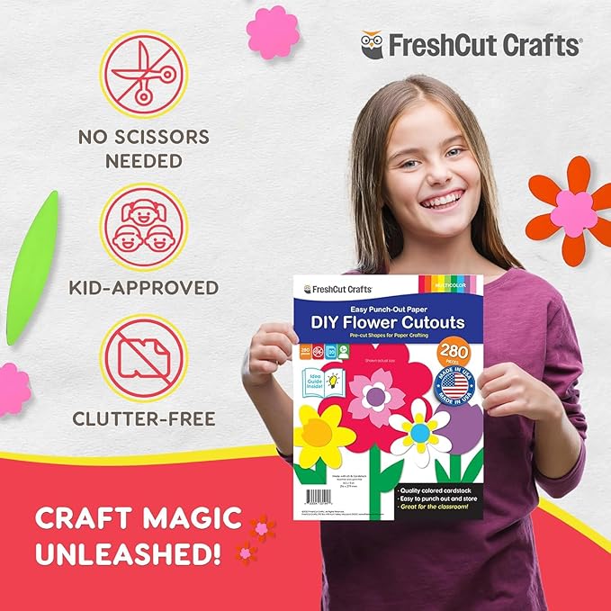 FreshCut Crafts: 280 Pieces of DIY Flower Cutouts with IDEA Guide - 2-Sided Punch Out Tulips, Daisies, Daffodils, Flowers Ideal for Spring Craft Projects, and Mother's Day DIY Gift Craft
