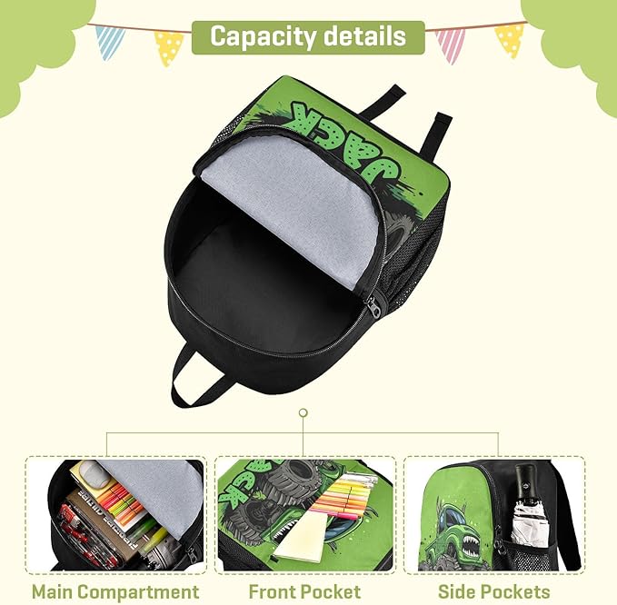 Monster Truck Green Toddler Backpack for Boys Girls 3-6 Bookbag for Preschool Small Kindergarten Elementary Backpackss for Kids for School